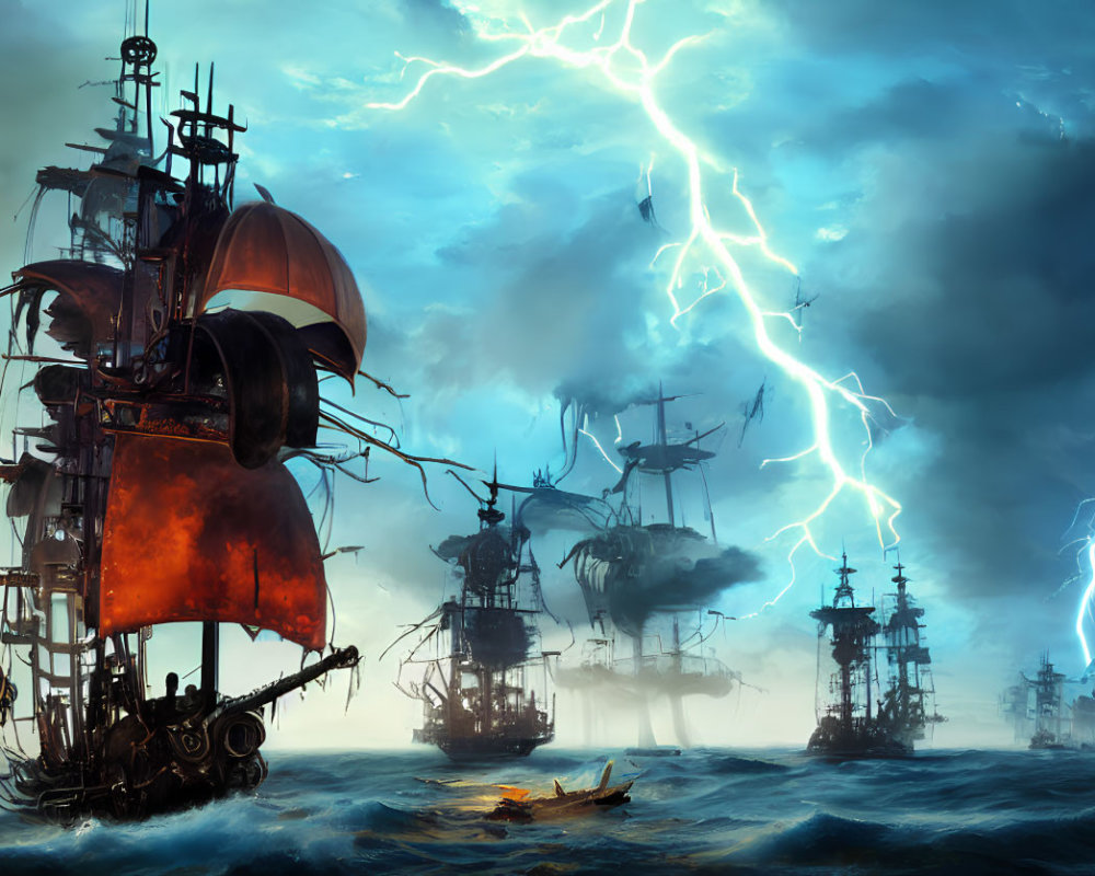 Stormy sky over old sailing ships in dramatic scene