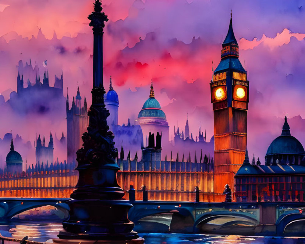 Illustration of Big Ben and Westminster Bridge at Twilight