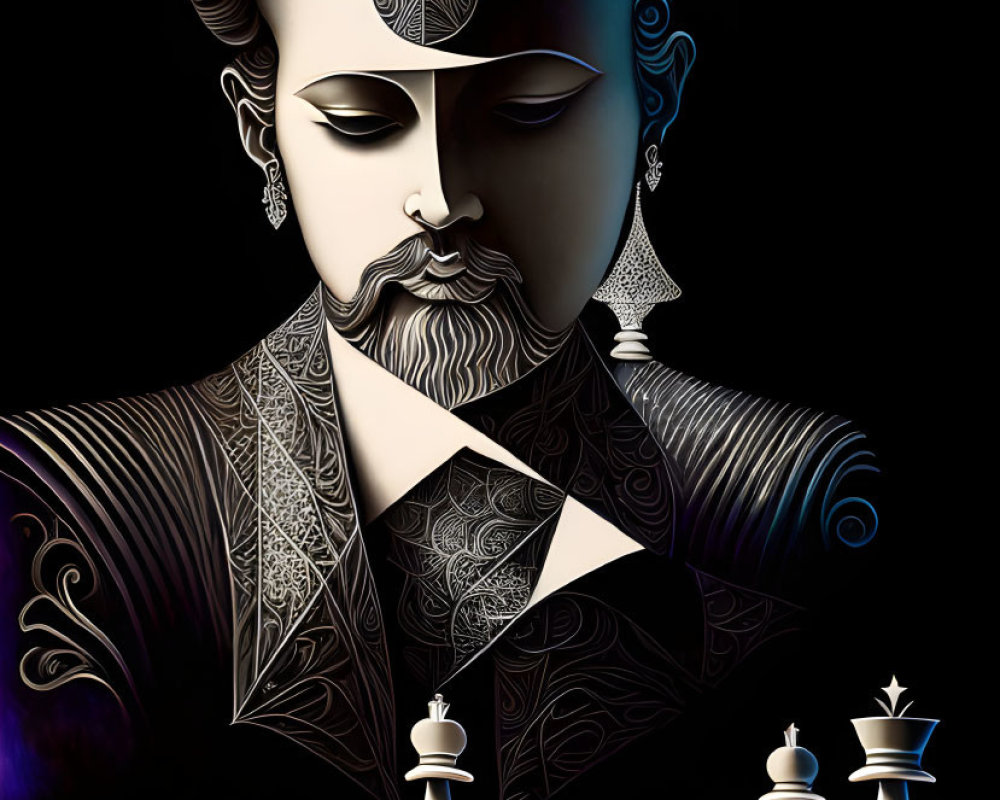 Contemplative bearded figure playing chess with ornate patterns