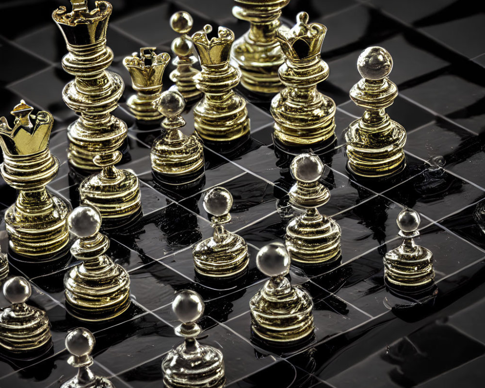 Chessboard with Gold and Silver Pieces Close-Up on Reflective Surface