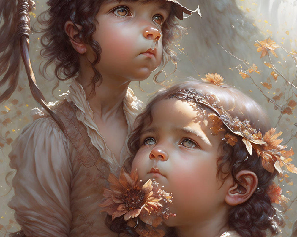 Children with floral adornments under sunlight with bird perched on cap