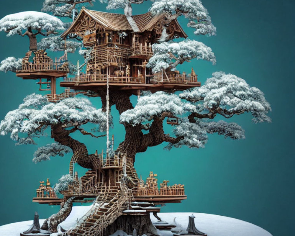 Miniature Snow-Covered Bonsai Treehouse Diorama