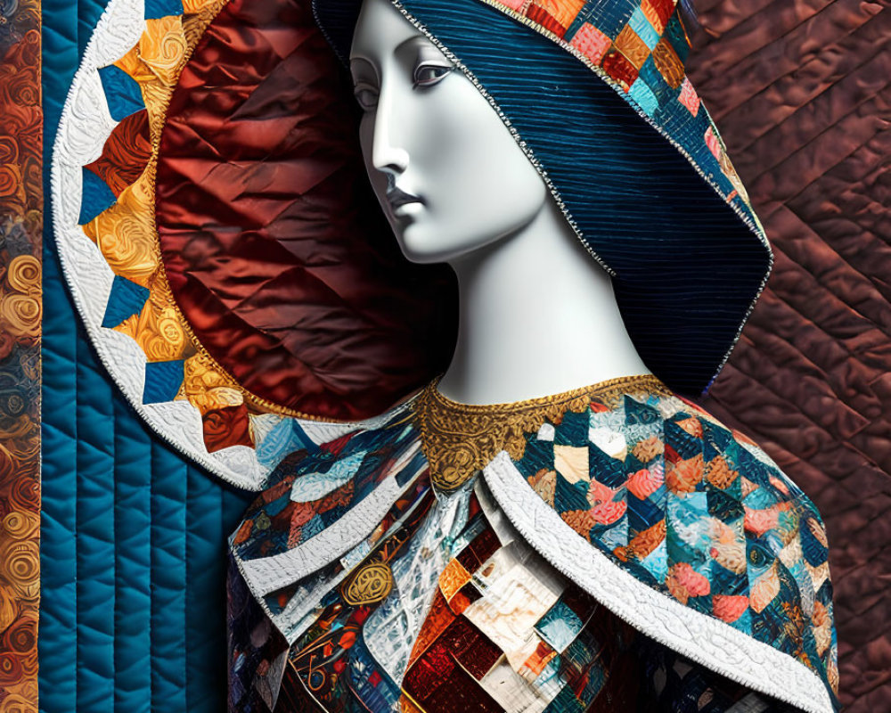 Colorful Patchwork Garment: Female Figure with Porcelain Skin