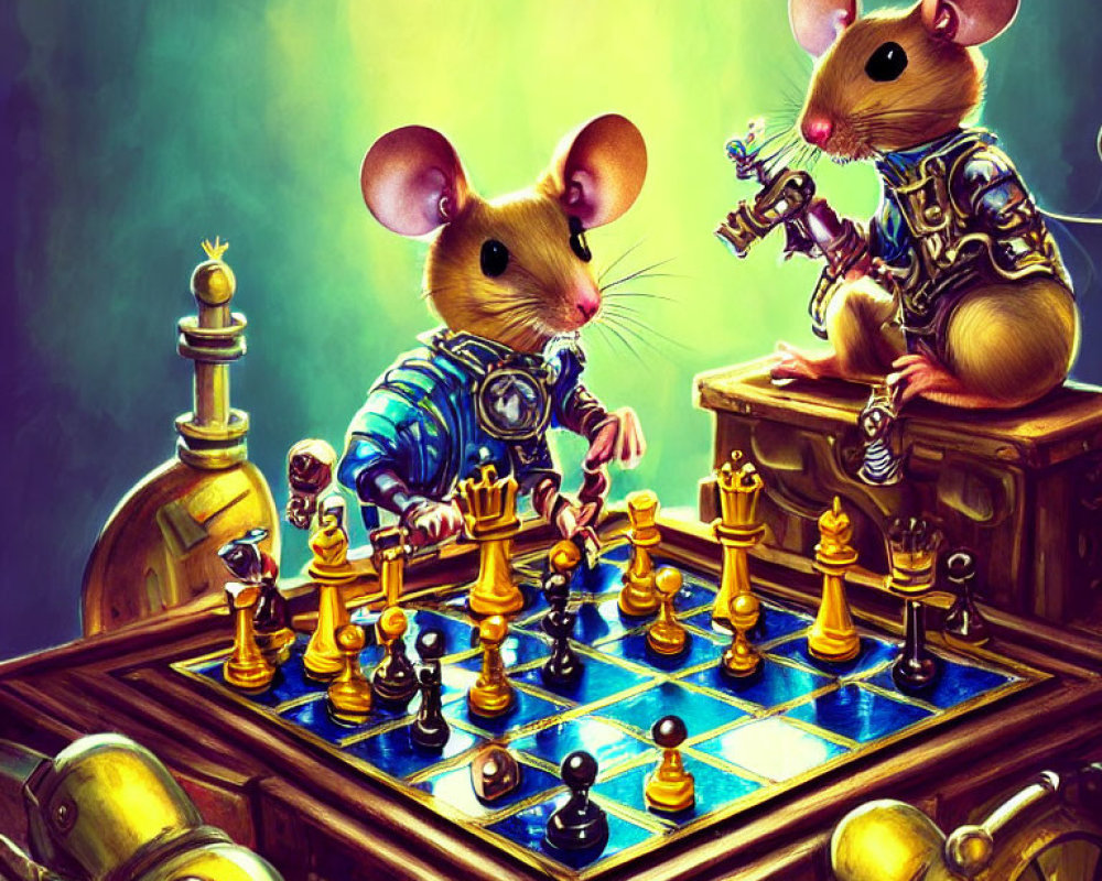 Anthropomorphic mice in medieval armor play chess in fantastical setting