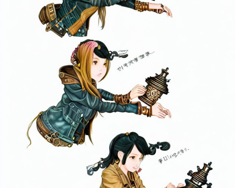 Three Steampunk Female Character Illustrations with Mechanical Device in Different Poses