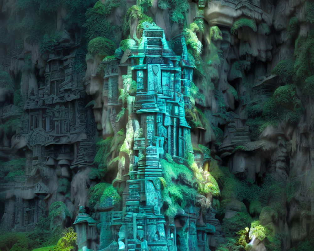 Ancient overgrown temple in lush mystical forest.