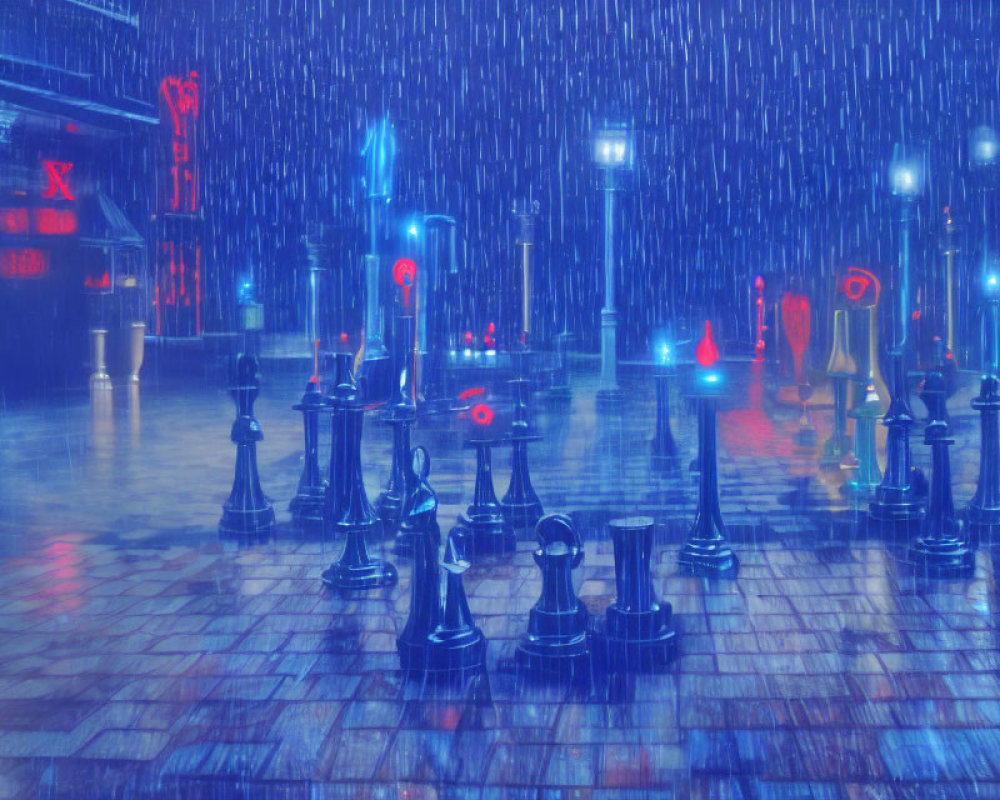 Oversized Chess Pieces on Reflective Surface in Neon-lit Rain