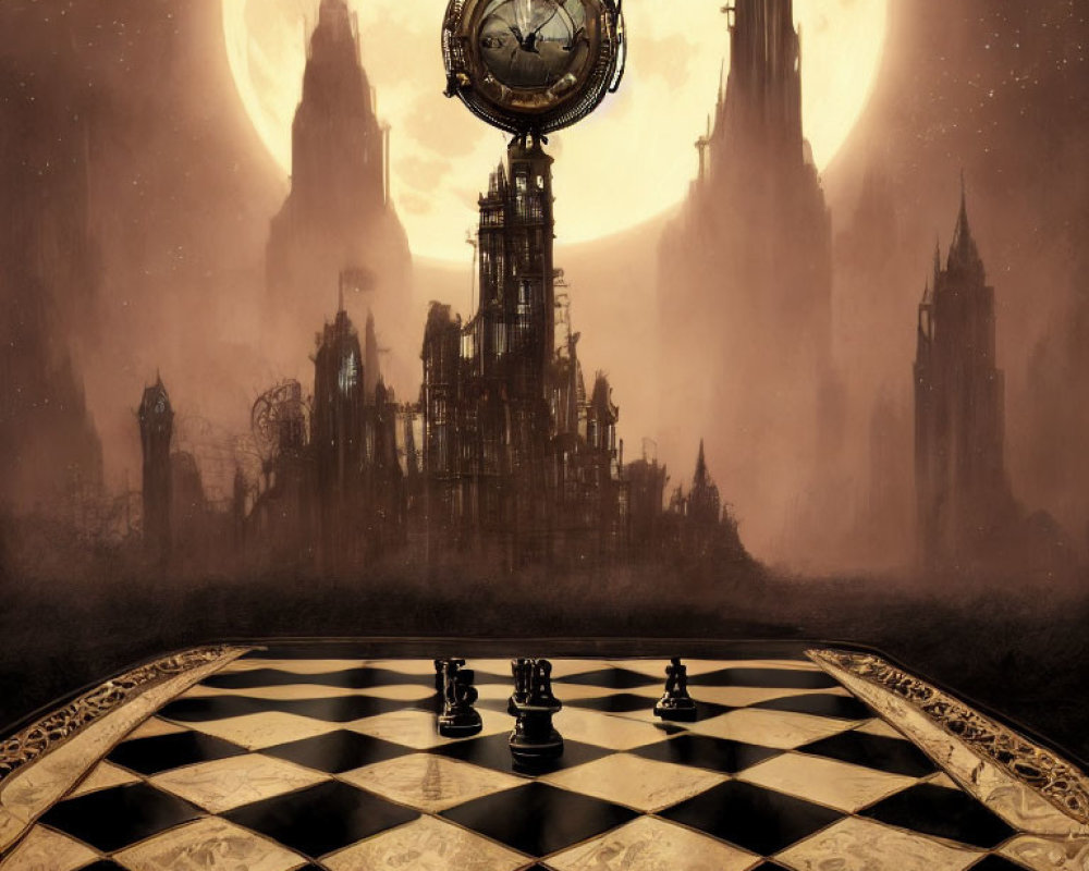 Gothic landscape with towering spires, moon, floating clock, and chessboard.