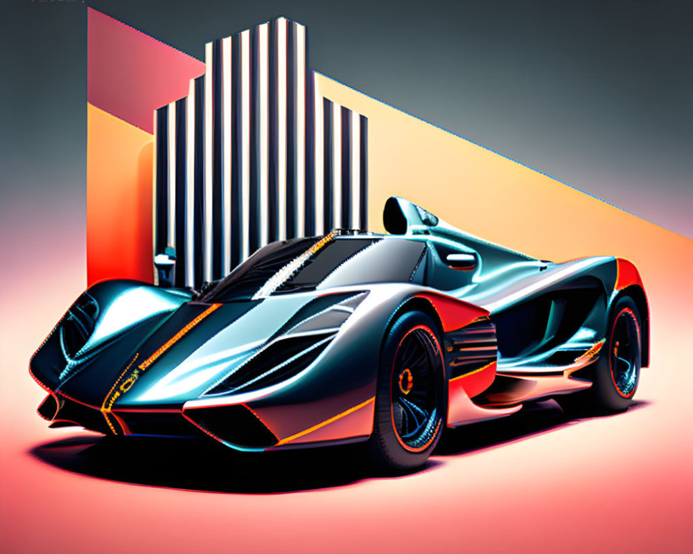 Futuristic race car with sharp angles on vibrant background