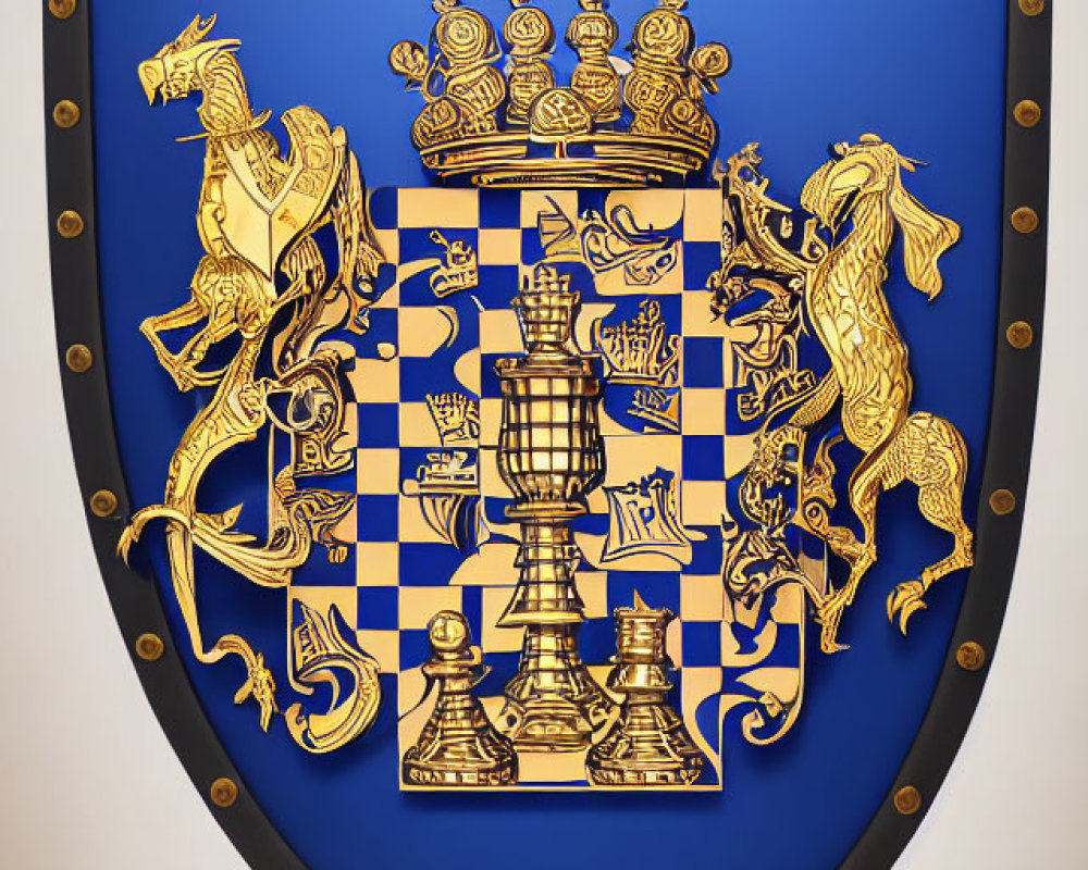 Chess-themed coat of arms on shield-shaped emblem with golden pieces on blue background