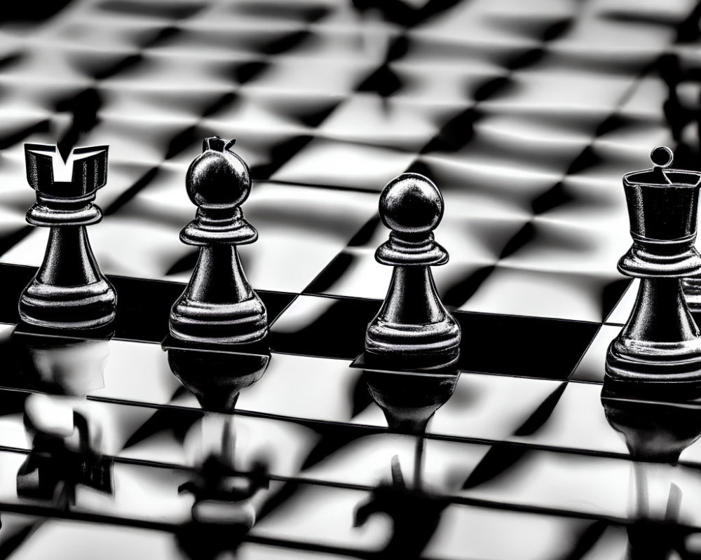 Monochrome chessboard featuring rook, bishop, and pawn shadows