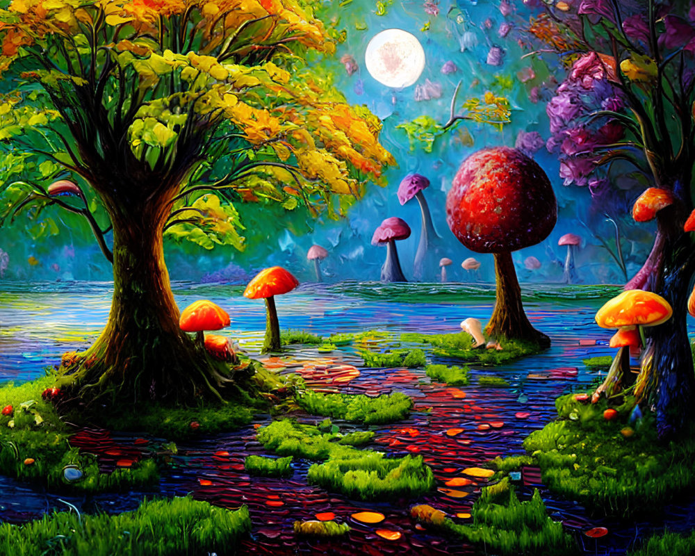 Colorful Trees and Oversized Mushrooms in Moonlit Fantasy Landscape