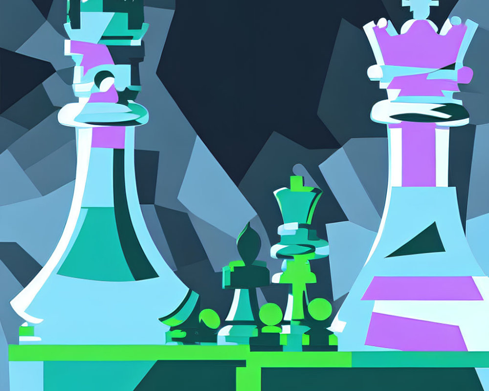 Stylized chess pieces on colorful geometric board