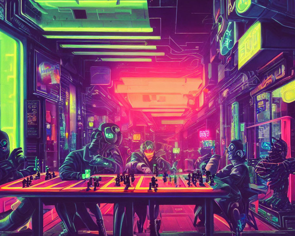 Futuristic cyberpunk scene with three characters playing chess amid neon lights