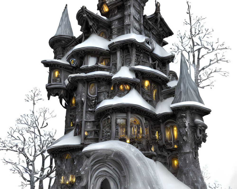 Eerie multi-tiered fantasy house with twisted architecture in foggy setting