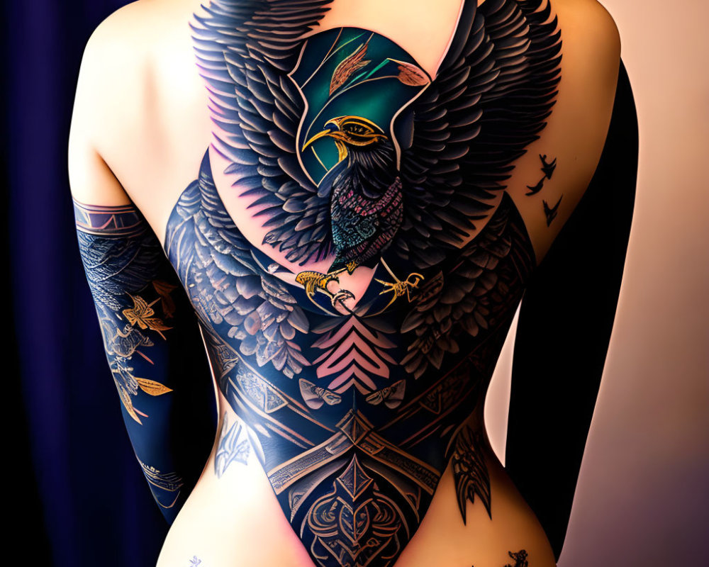 Intricate full-back tattoo of majestic eagle and geometric patterns