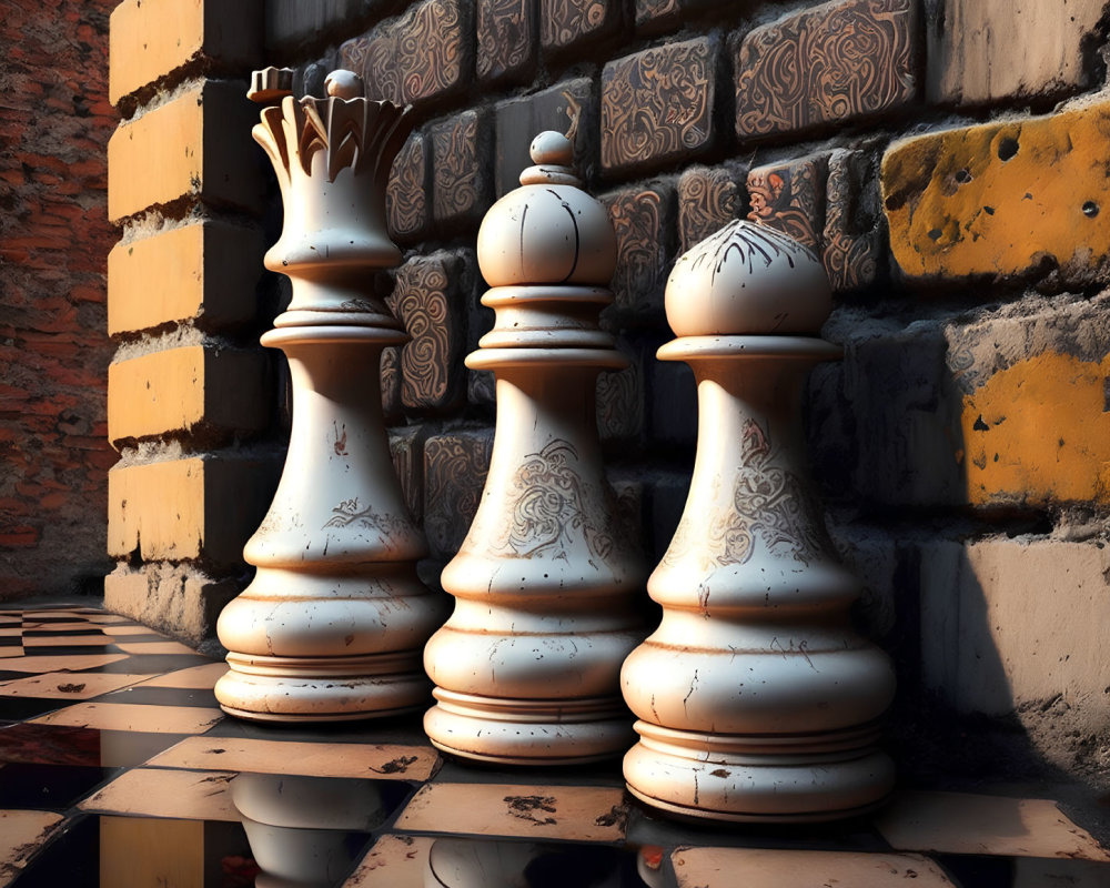 White Chess Queen, Rook, and Bishop on Checkerboard with Brick Wall