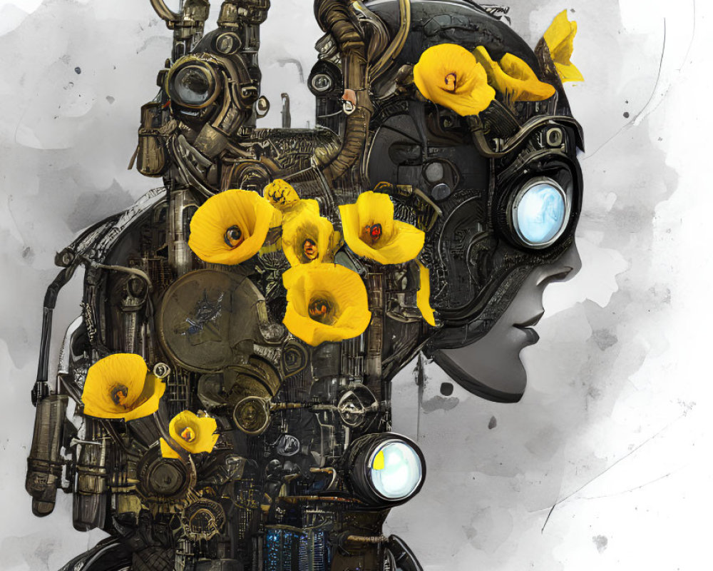 Humanoid robotic head profile with yellow flowers and mechanical details on abstract background.