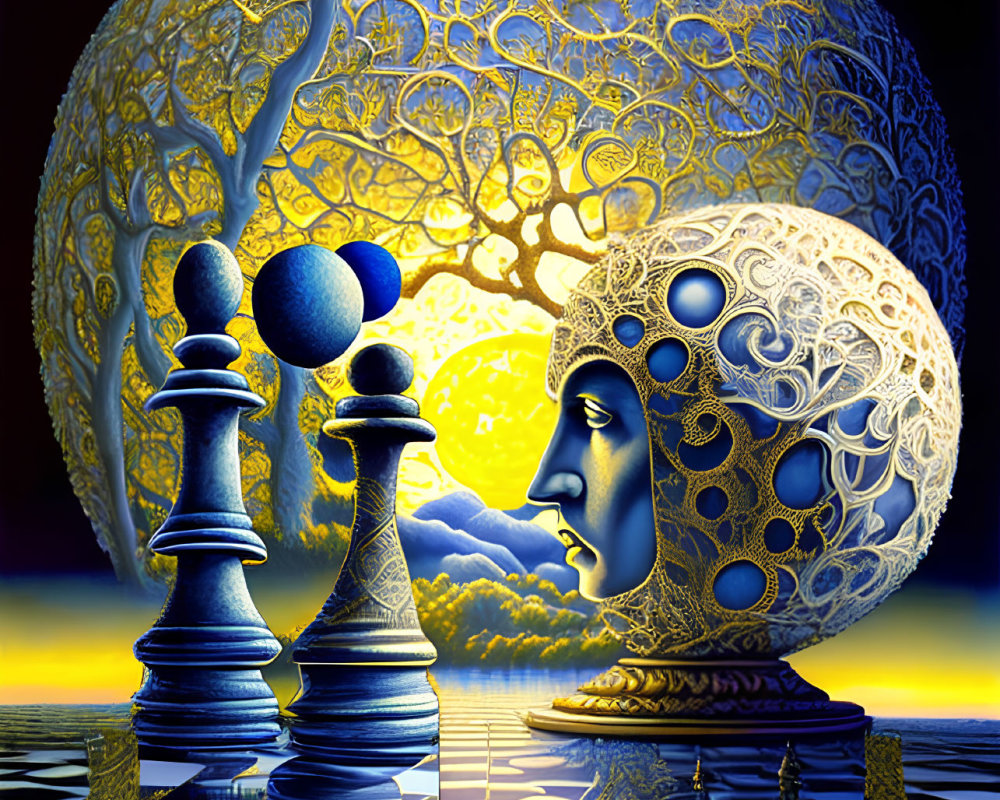 Surreal chess piece illustration with moon background and intricate patterns