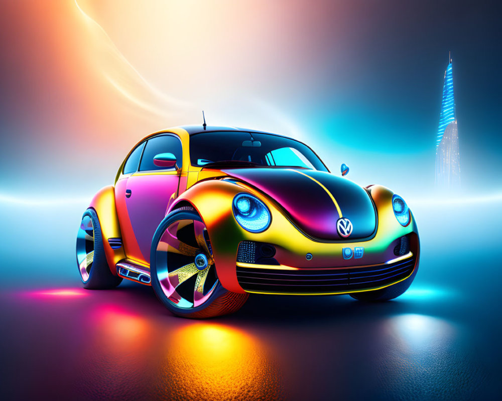 Custom painted Volkswagen Beetle car under neon lights with skyscraper silhouette