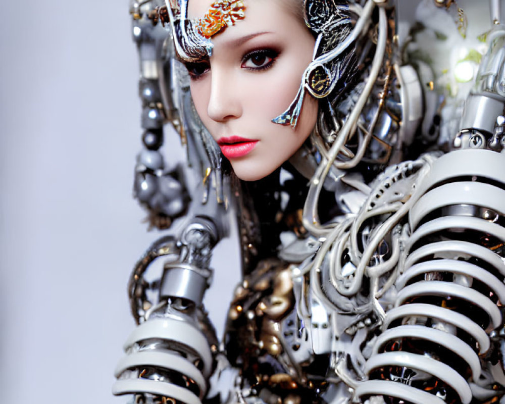 Futuristic humanoid robot playing chess with silver and black components