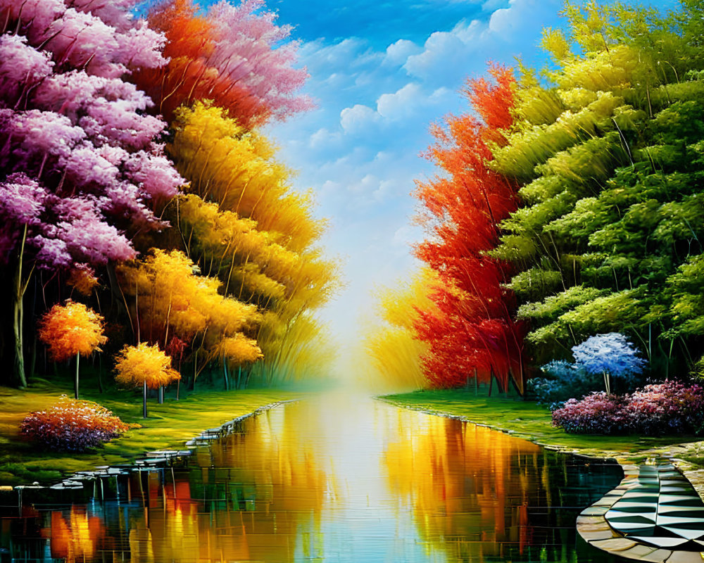 Colorful Autumn River Landscape with Trees and Sky