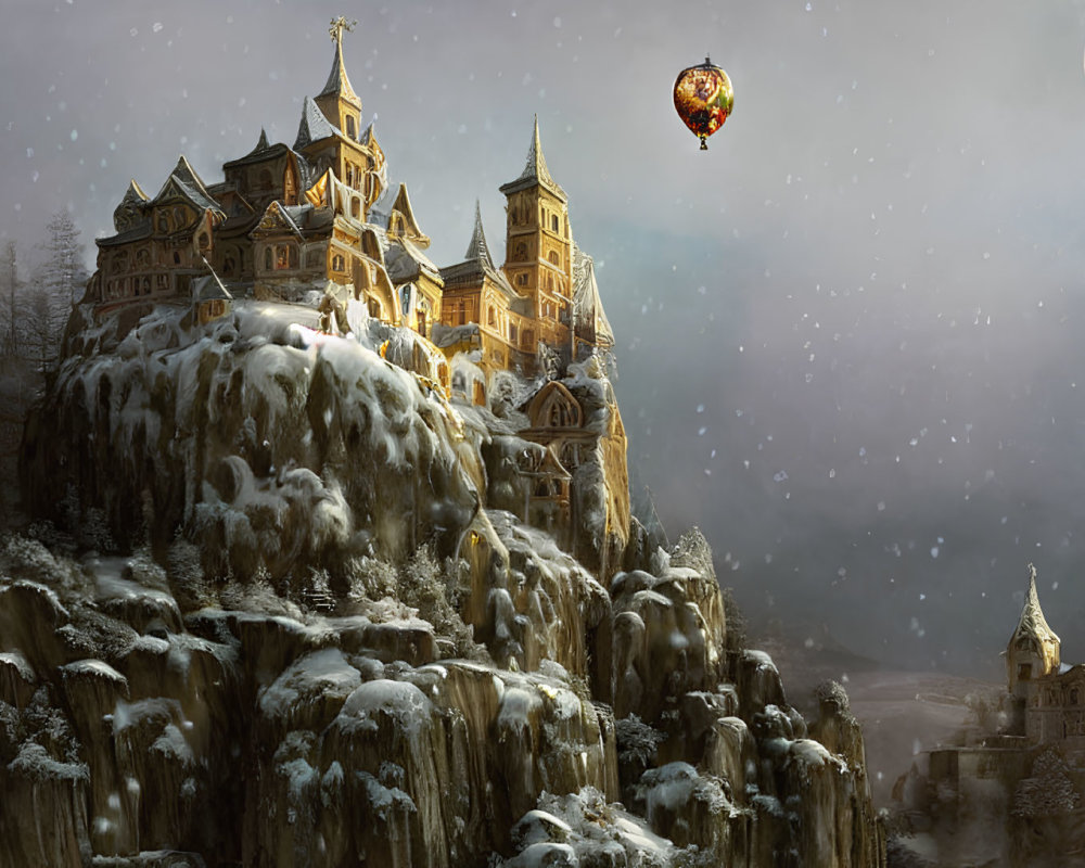 Snow-covered castle on icy cliffs with hot air balloon under full moon