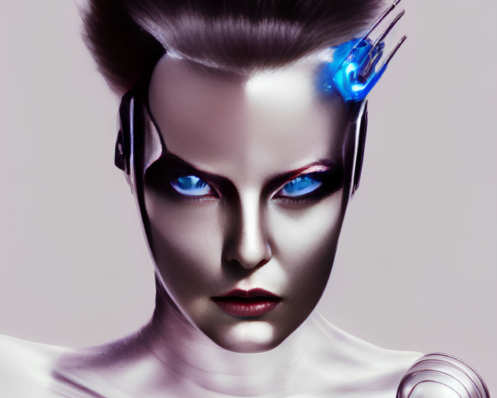 Futuristic female android with blue eyes and sleek headgear