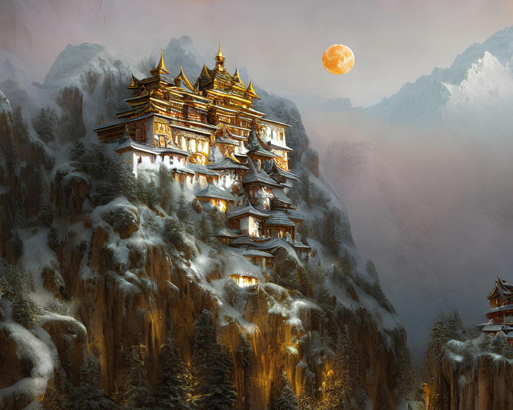 Twilight mountain landscape with temple, snowy trees, full moon