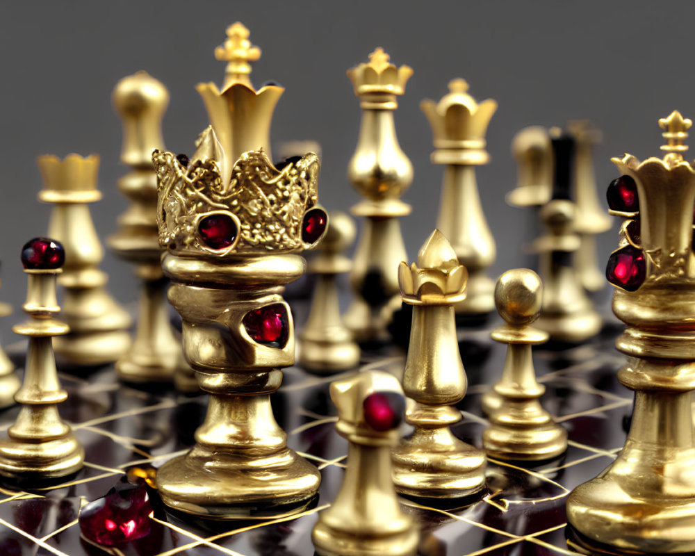 Intricately designed gold and silver chess pieces on a jeweled crown chessboard