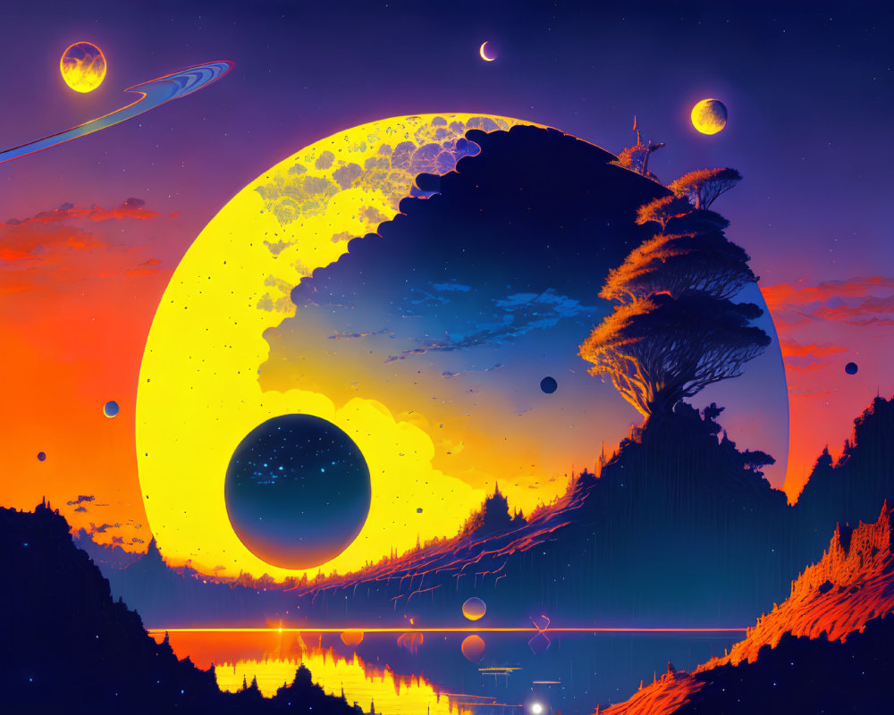 Surreal landscape with multiple moons and floating islands