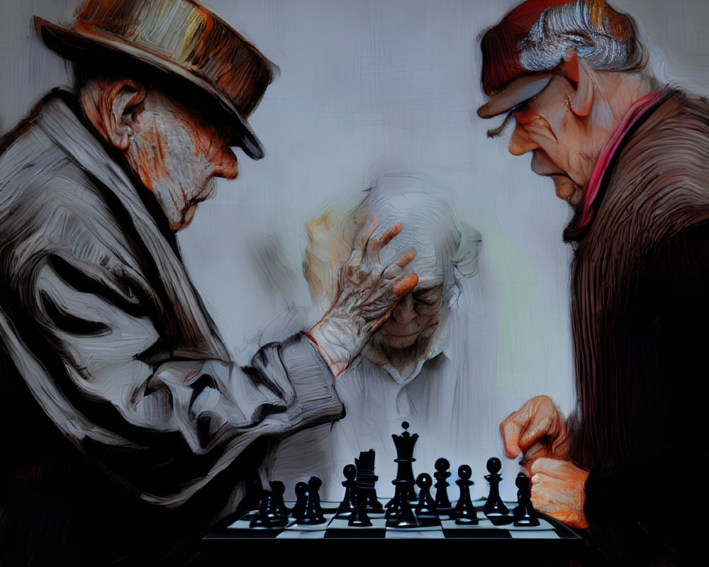 Elderly gentlemen playing chess with intense concentration