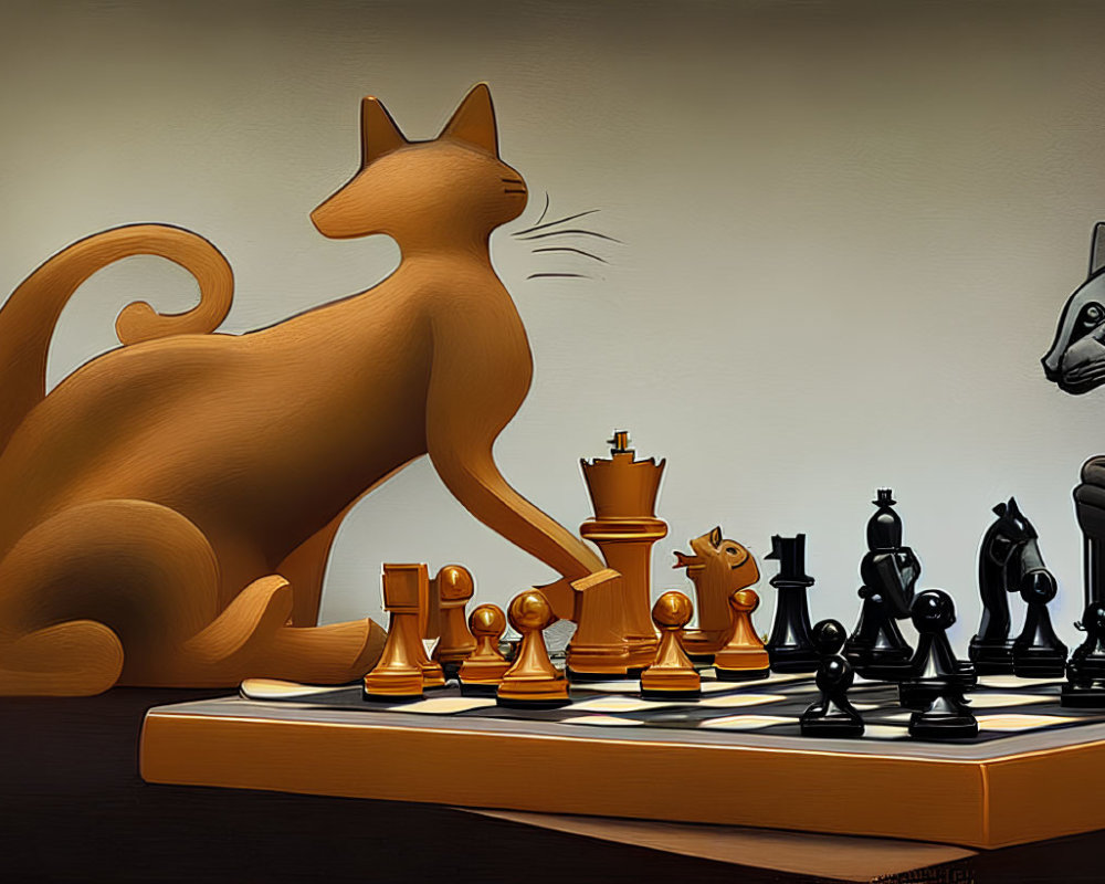 Stylized Cats Playing Chess in Tension-Filled Scene