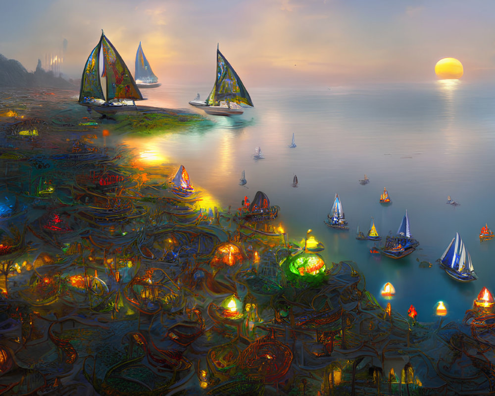 Fantastical sunset seascape with ornate boats and colorful structures