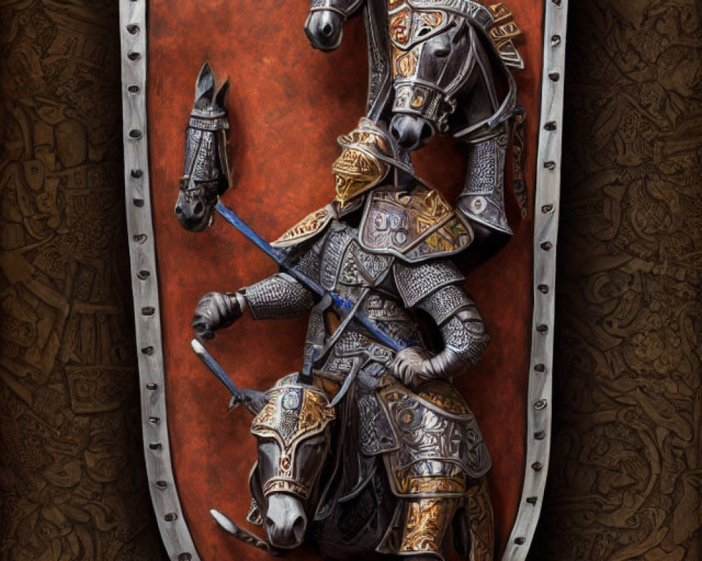 Medieval knight on horseback 3D relief plaque with ornate details