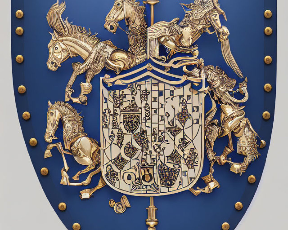 Detailed Coat of Arms with Lion, Horse, and Mythical Creatures on Blue Background