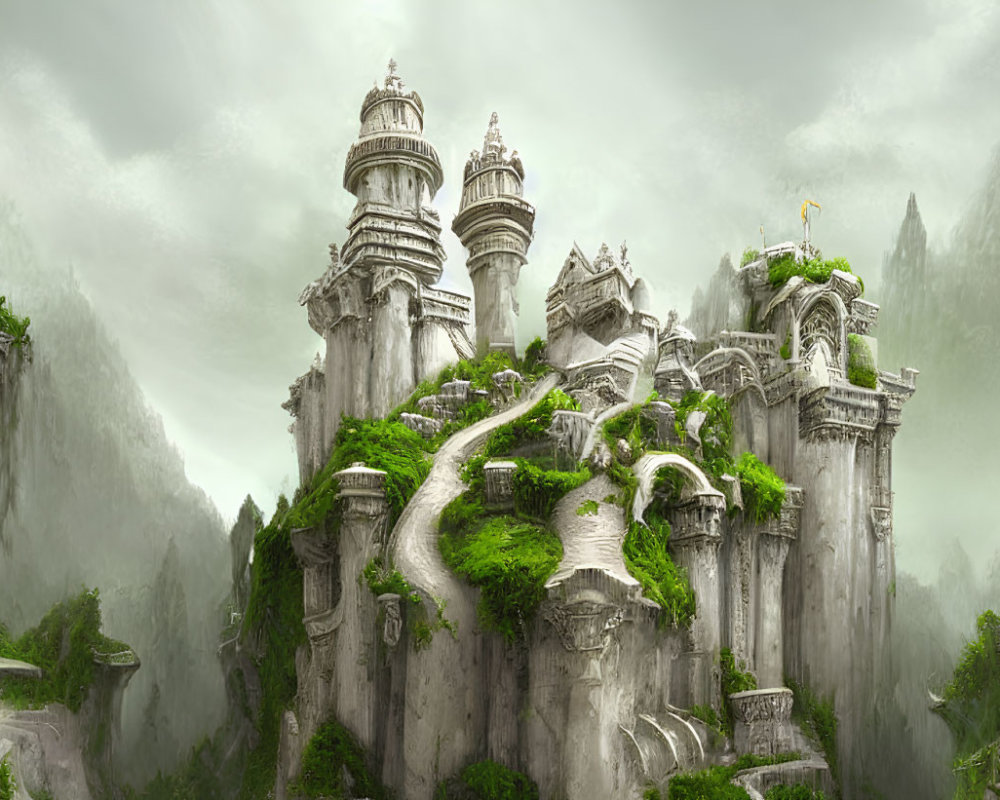 Majestic ancient castle on steep cliff in misty mountains