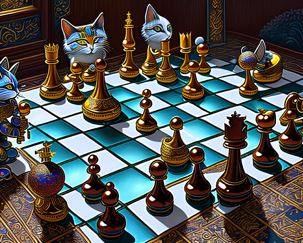 Anthropomorphic feline characters playing chess in a vibrant artwork