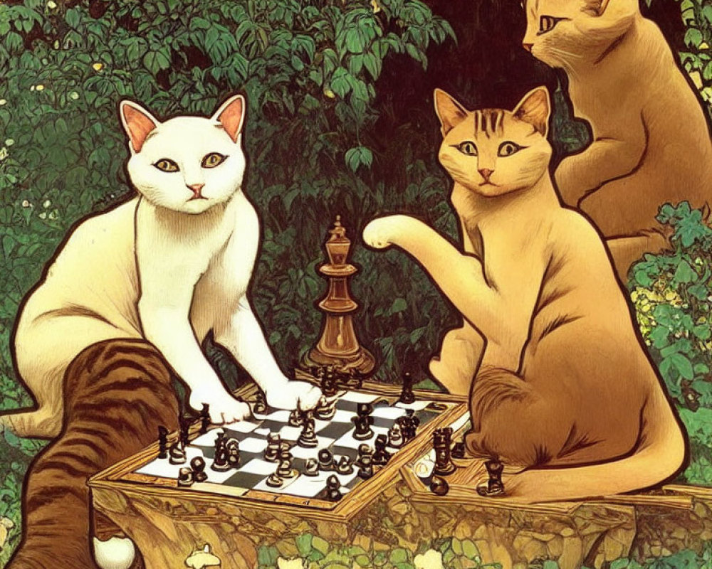 Three Cats Playing Chess in Forest Setting with Lush Greenery