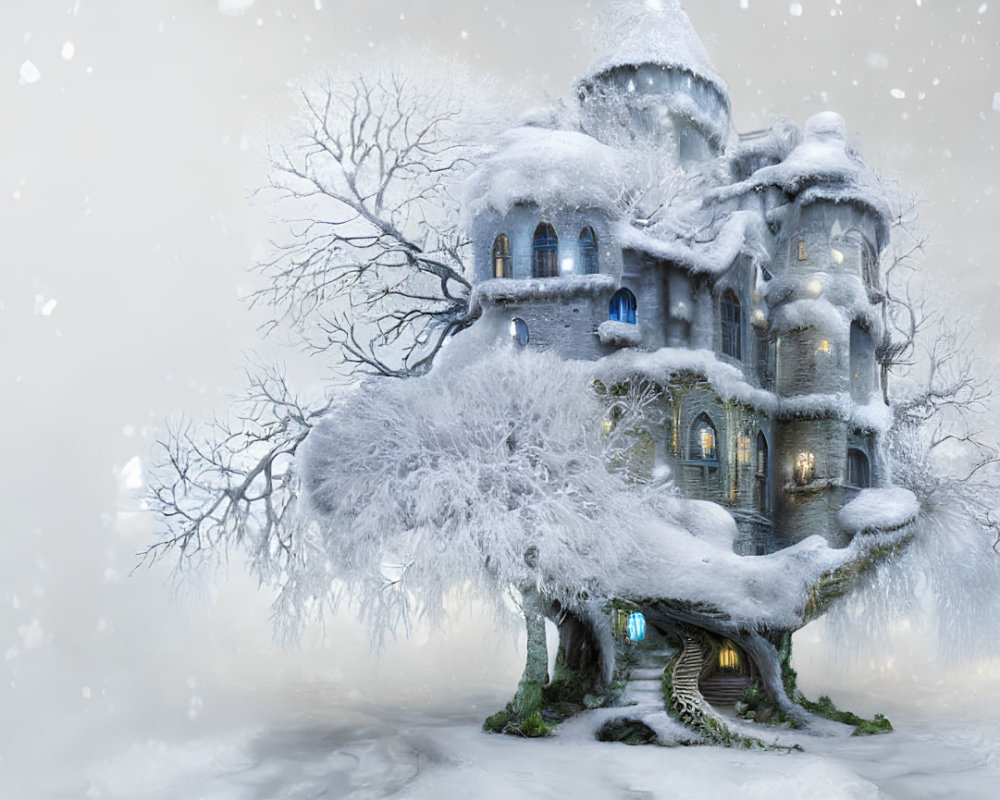 Snow-covered treehouse with twisting stairs in serene winter landscape