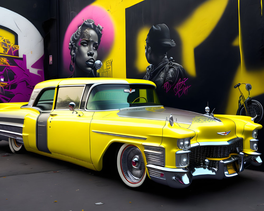 Vintage yellow car parked in front of vibrant graffiti wall with portraits and abstract designs and bicycle