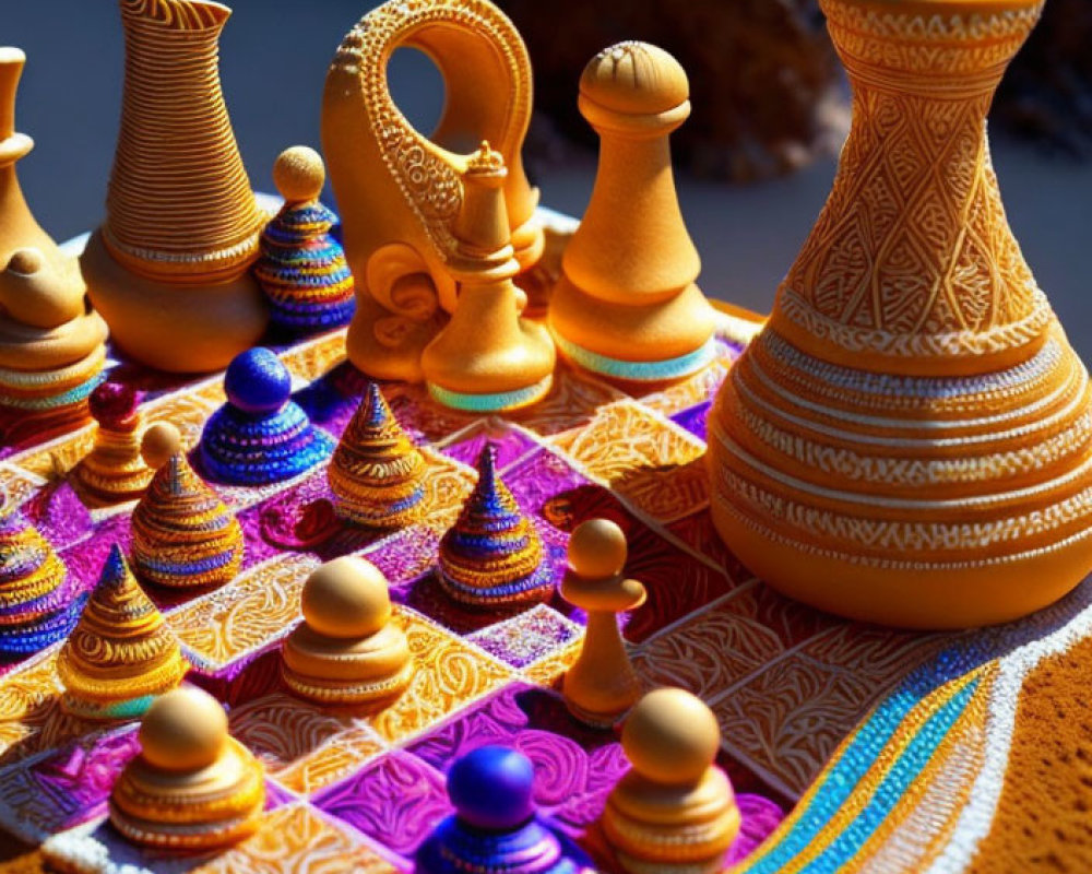 Colorful Chess Set with Cultural Designs on Artistic Board & Pieces