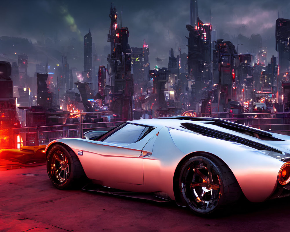 Futuristic sports car in cyberpunk cityscape at dusk