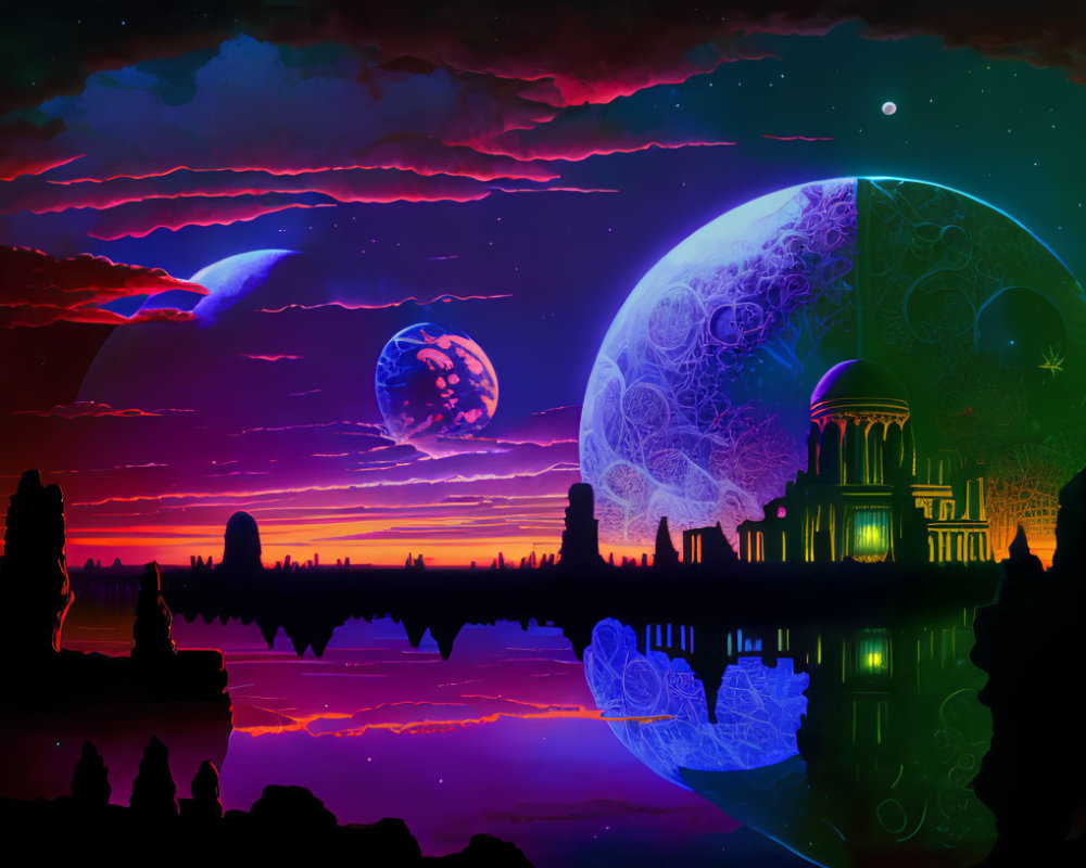 Vibrant sci-fi landscape at dusk with moon, planet, intricate buildings, and reflective water surface