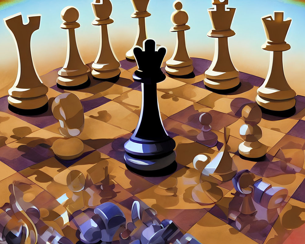 Chessboard Illustration: Black Queen Surrounded by Gold and Silver Chess Pieces