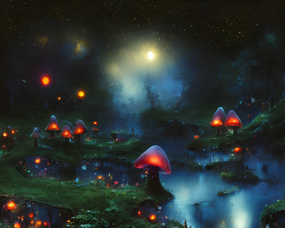 Enchanting night landscape with oversized mushrooms and glowing orbs