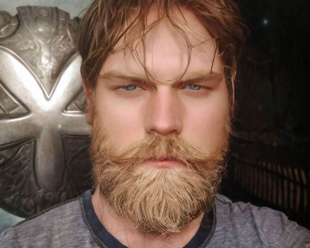 Intense man with thick beard and crest emblem in background