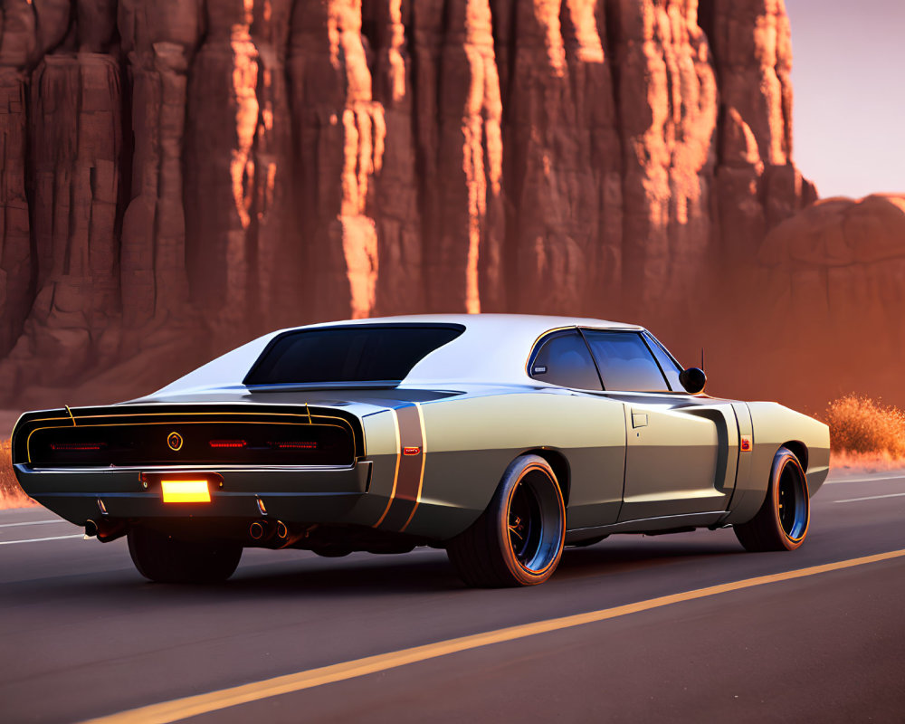 Vintage muscle car with two-tone paint in desert landscape