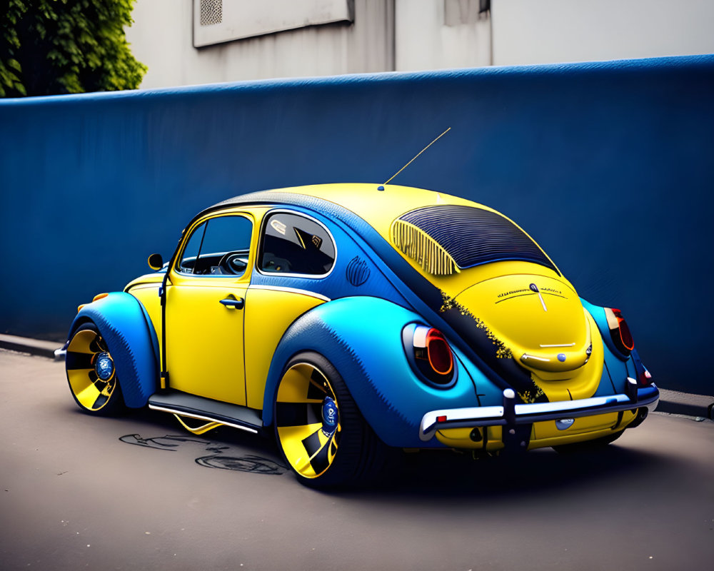 Custom blue and yellow Volkswagen Beetle with unique wheels against blue wall