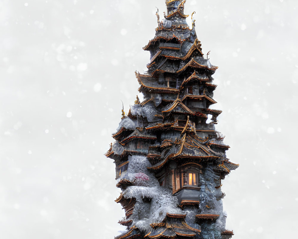 Traditional Asian Pagoda in Snowy Landscape with Pink and White Trees